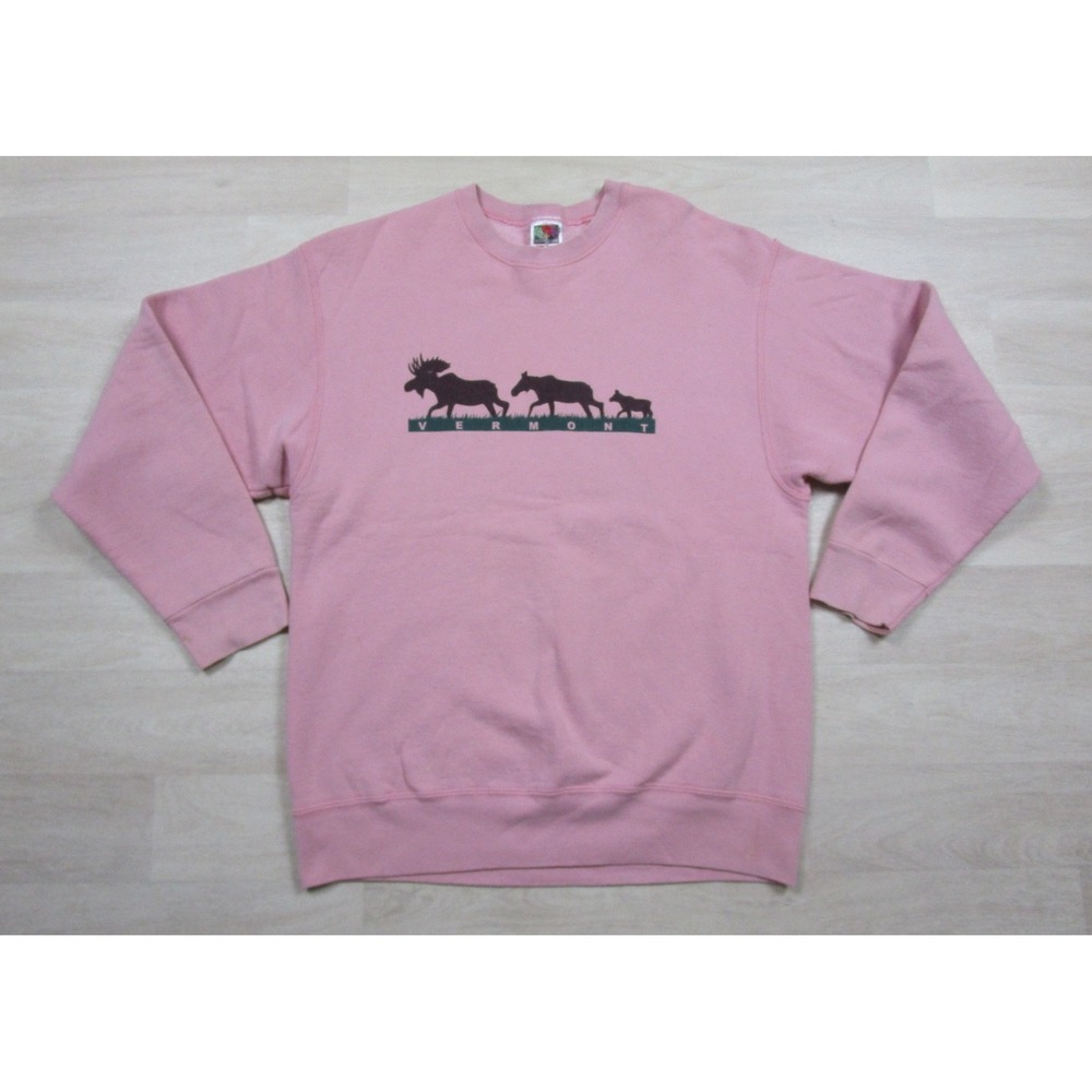 Vintage 90s Vermont Tourist Crewneck Sweatshirt (L) Nature Moose Pink FOTL